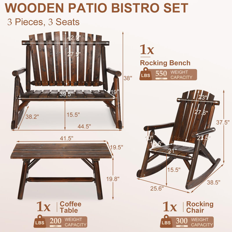  3-piece Outdoor Wood Rocking Bistro Set, Adirondack Rocker Chair Set With Rocking Bench, Log Rocker And Coffee Table, Patio Wooden Furniture Set, High Fanned Back & Slatted Seat