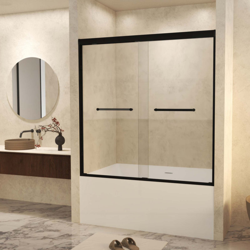 Tempered Glass With Explosion Proof Film, Aluminum Frame Double Sliding Shower Door, "1/4 (6 Mm), Stainless Steel Handle