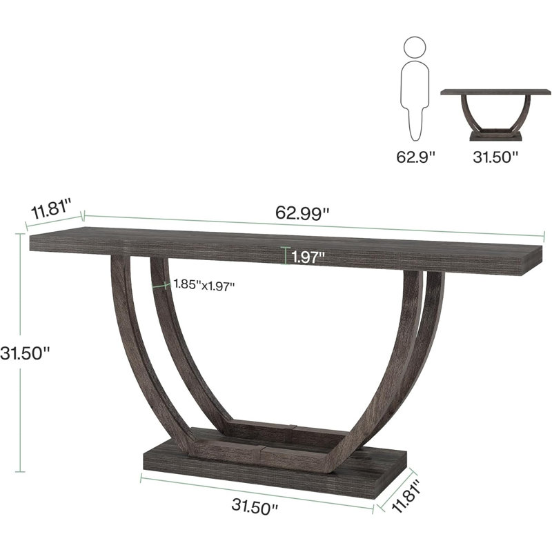 63-Inch Geometric Base Slim Console Table, Upholstered Sofa Back Table With Shelves For Living Room Foyer Hallway (Rustic Brown)