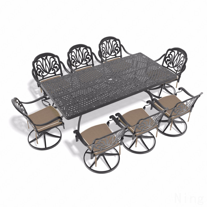 Ensemble de salle à manger 9 pièces en fonte d'aluminium toutes saisons, comprenant 8 chaises pivotantes et une table rectangulaire avec cadre noir