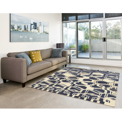 Tapis bleu / beige en laine touffeté à la main à motif géométrique Winona