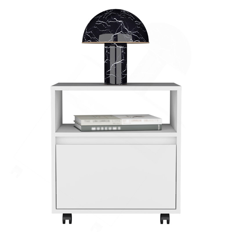 Table de chevet H 20 po, avec une tablette ouverte, 1 tiroir et roulettes, blanc, Blanc