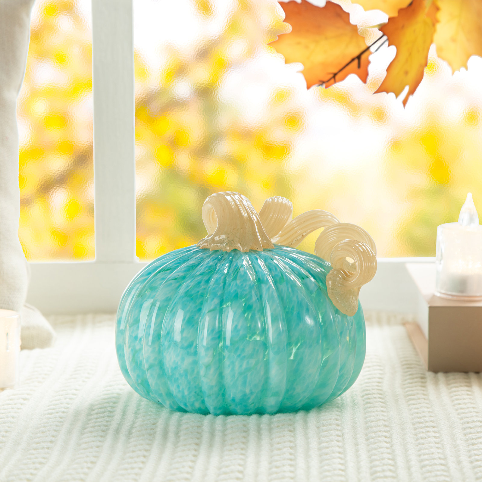 Round Glass Fall Pumpkin Holiday Accent, Green