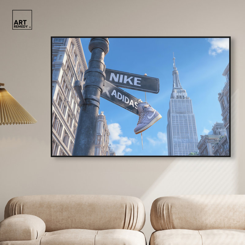 «Sneaker Hanging Crossroad», reproduction d'art sur toile encadrée par Art Remedy, cadre noir, 54 x 36, H 37 po x l 55 po
