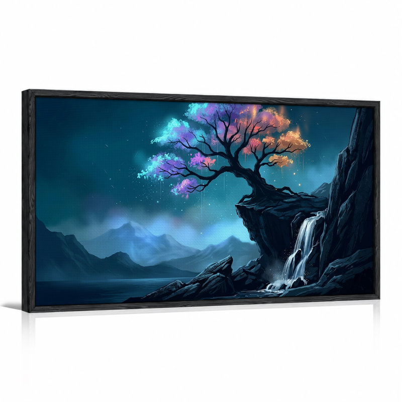 Arbre lumineux sur falaise rocheuse avec cascade et toile murale brumeuse, 46“W x 24”H