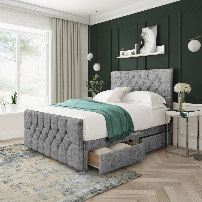 Upholstered Bed, Silver, Small Double (4'), 4 Drawers