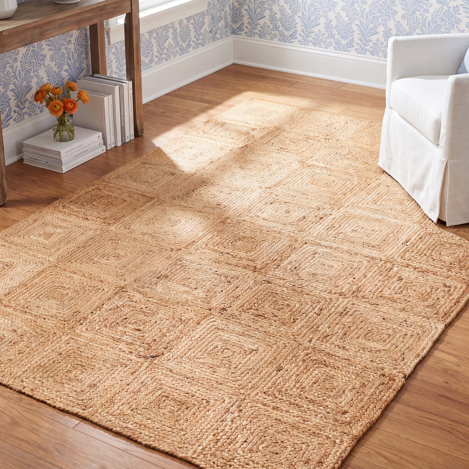 Mykonos Natural Hand-Woven Geometric Jute Rug, Rectangle 5' x 7'6"