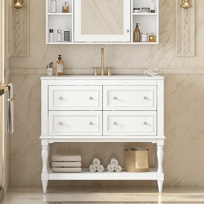 Meuble-lavabo 36 po avec lavabo sous-comptoir en céramique, 4 tiroirs, solution de rangement écologique autoportante