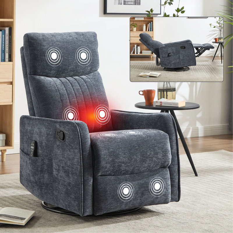 Heat Massage Manual Recliner Chair With Rocker And Swivel In Fabric For Living Room, Blue