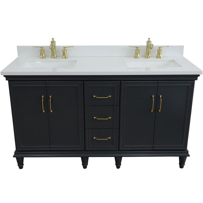 Ensemble de meuble-lavabo de salle de bain double 61" laurell hill, Forme rectangulaire, Gris foncé, Quartz blanc