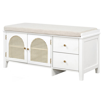 Shoe Storage Bench, Vintage Shoe Bench With Storage And Cushion, Shoe Bench With 2 Drawers And 2 Rattan Door