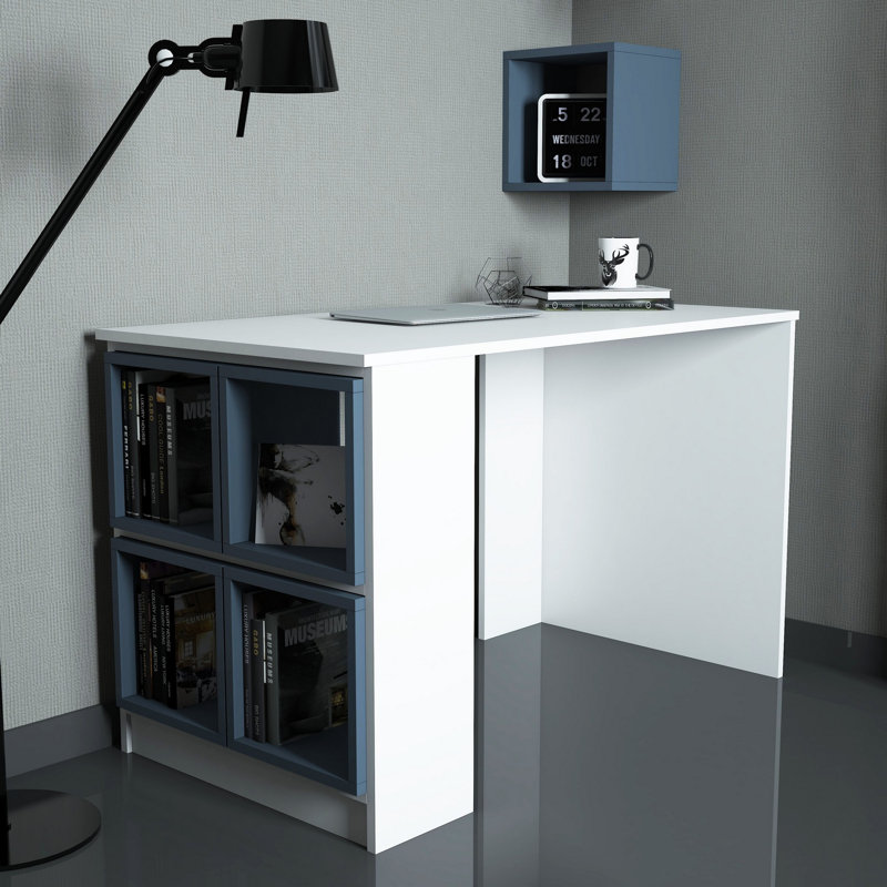 Modern Study Desk with Wall Shelf, White & Blue, 47.2 x 29.5 x 25.6 inches | 100% Melamine Coated Particle Board, Thickness: 0.7 inches | Features Numerous Shelves, Space-Saving Design, Perfect for Home Office & Study Spaces