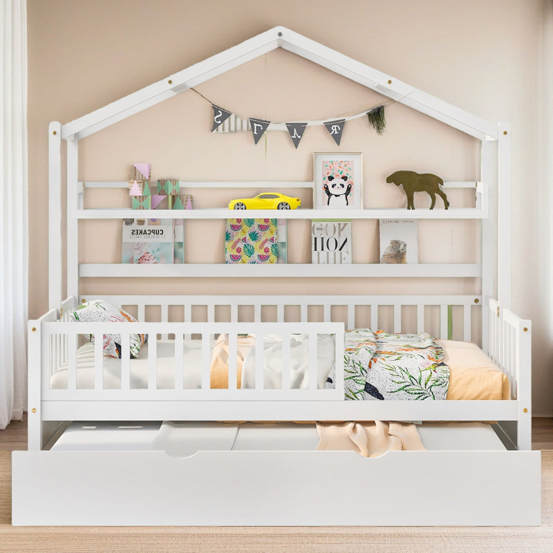 Lit en bois avec lit gigogne simple, Lit simple, White