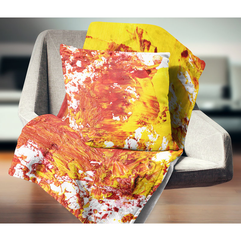 Art texturé rouge et jaune - coussin imprimé abstrait, 16 po x 1 po, Coussin décoratif