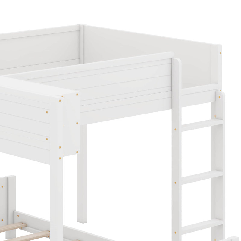 Lit superposé en bois double avec lit superposé double avec plateau de rangement intégré et échelle, avec support à lattes, aucun sommier nécessaire