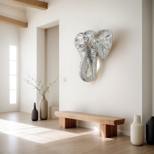 30.8" Wall Art -elephant  Head Statue With  Mirrored diamond Exterior 