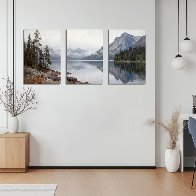 «Mountain Reflection», peinture à l'huile sur toile tendue, impression de paysage (ensemble de 3), H 30 po x l 60 po