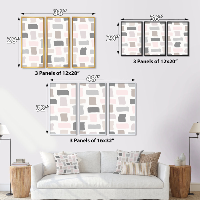 "Pink and Grey Pastel Rectangles I", 3 pièces, cadre flottant, impression sur toile, Cadre noir, H 28 po x l 36 po