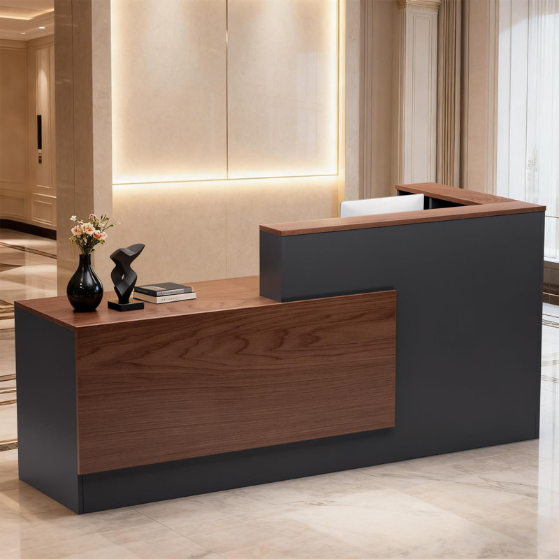 Bureau de réception en L avec tiroirs verrouillables et tablettes de rangement, bureau d'ordinateur multifonctionnel pour le bureau