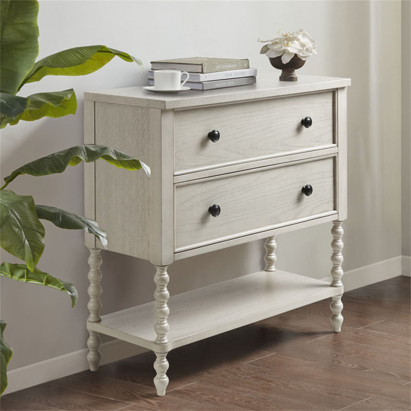 Antique White Acacia Double Drawer Chest with Spindle Legs