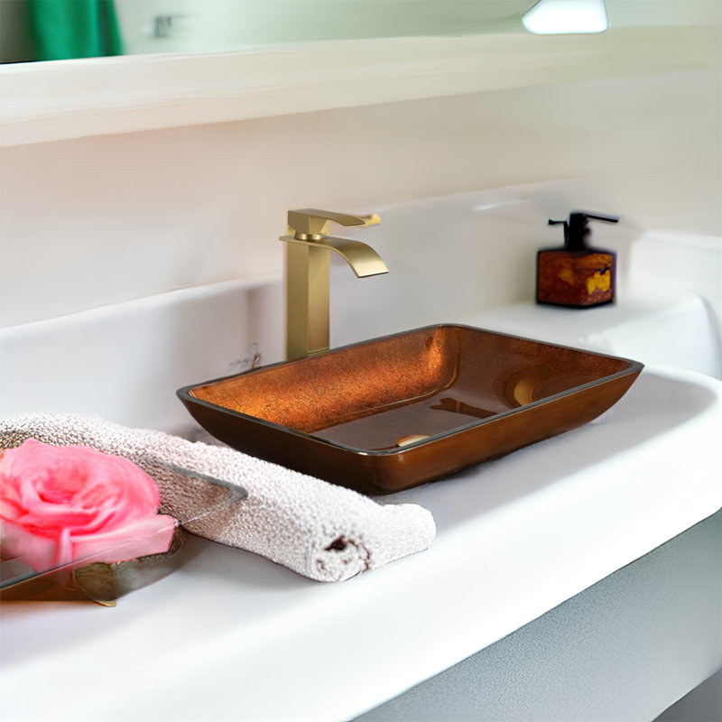 Lavabo de salle de bain rectangulaire en verre 14,4 po avec robinet MONSFEST
