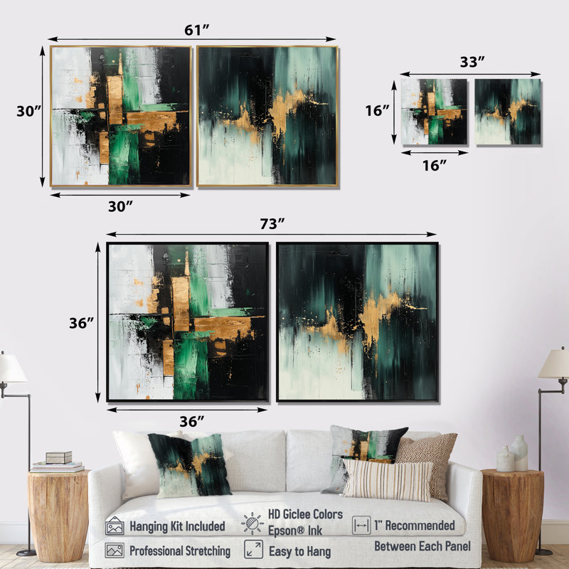 Encre verte et noire Expression I - formes murales abstraites - art mural moderne 2 pièces, H 16 po x l 33 po, Argent argent