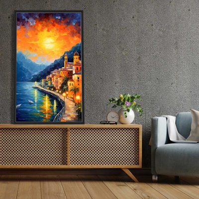 Amalfi Coast, Italy at Twilight V4 - Peinture sur toile à cadre flottant