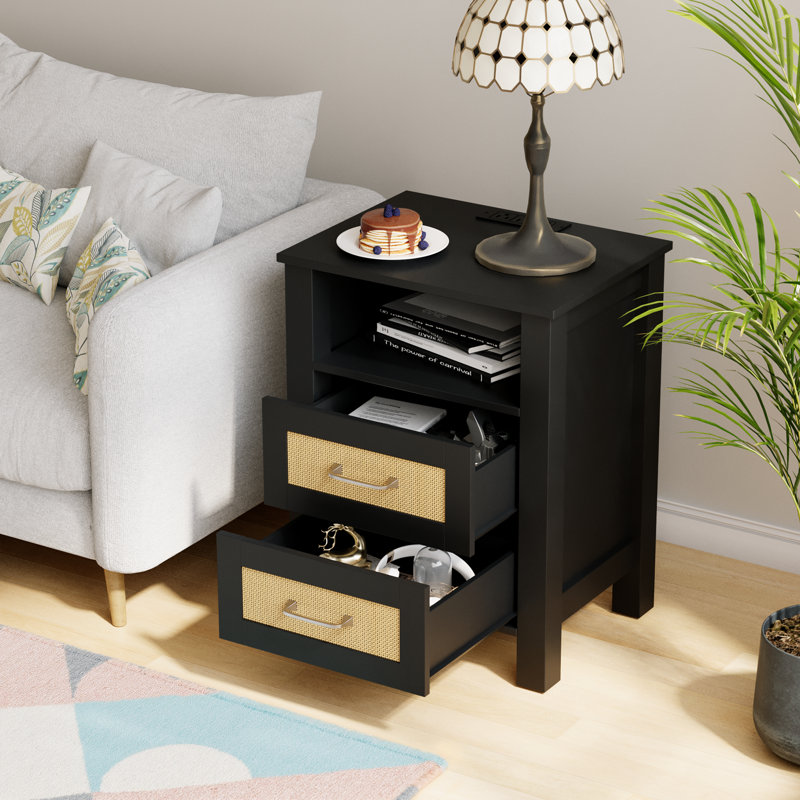 Tables de chevet en rotin avec station de charge, table de chevet moderne pour chambre à coucher, Noir, 1