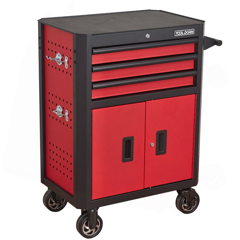 Coffre à outils 28 pouces à 3 tiroirs avec roulettes, armoires à outils en acier avec tiroirs, doublures et système de verrouillage pour entrepôt, garage, noir et rouge
