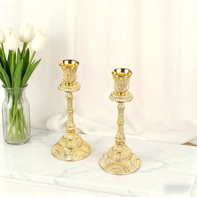 Pair Of Brass Taper Candle Holders With Floral Detailing 7.4 Inch Height