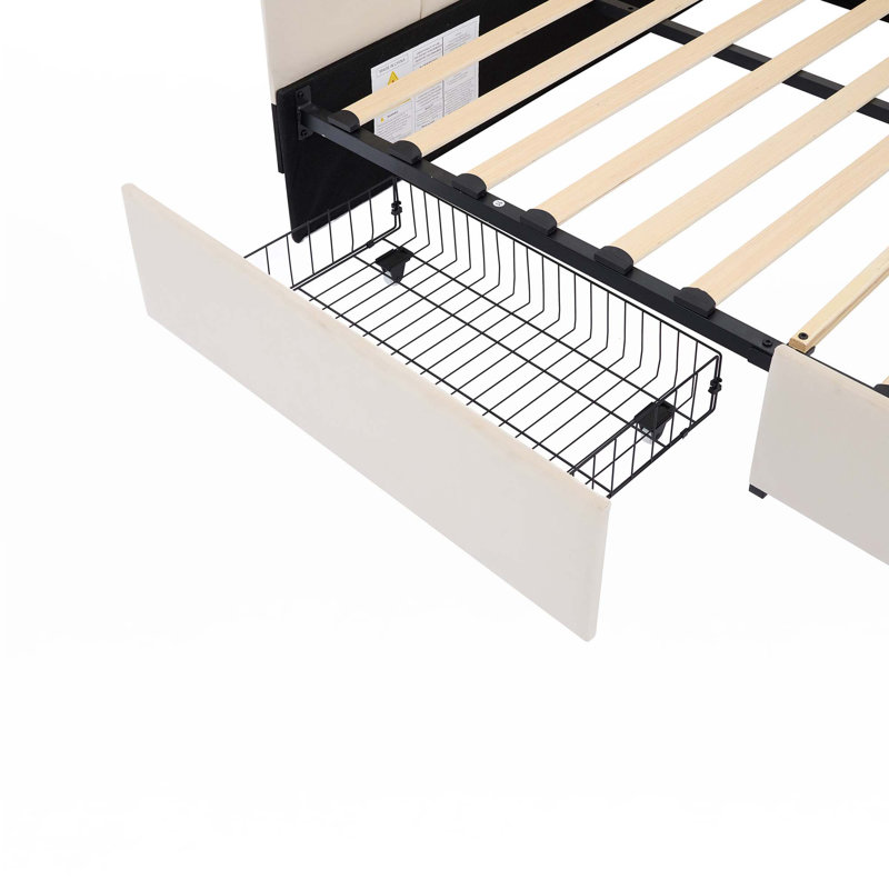 Lit de jour rembourré avec 2 tiroirs, canapé-lit en velours avec tête de lit en tissu doux, Double, Beige
