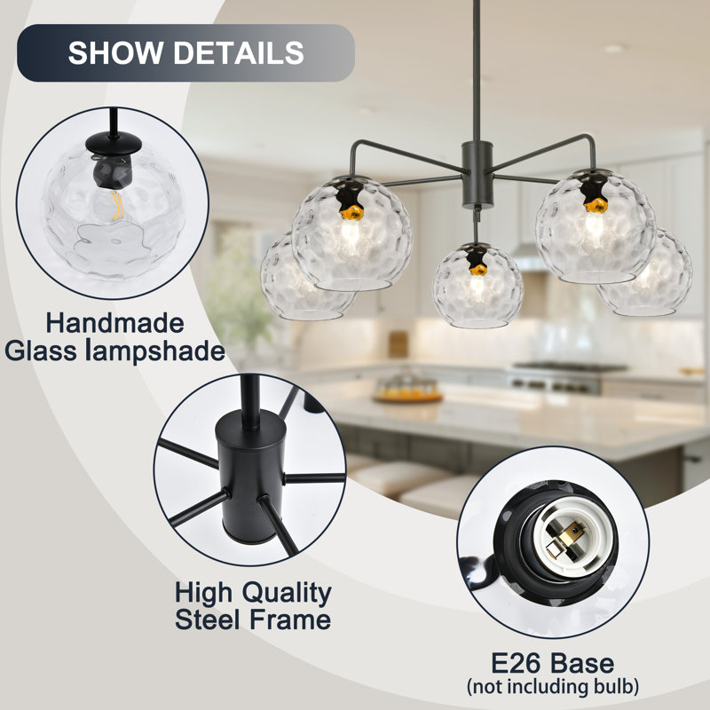 5 - Light Hand Hammered Glass Dimmable Chandelier