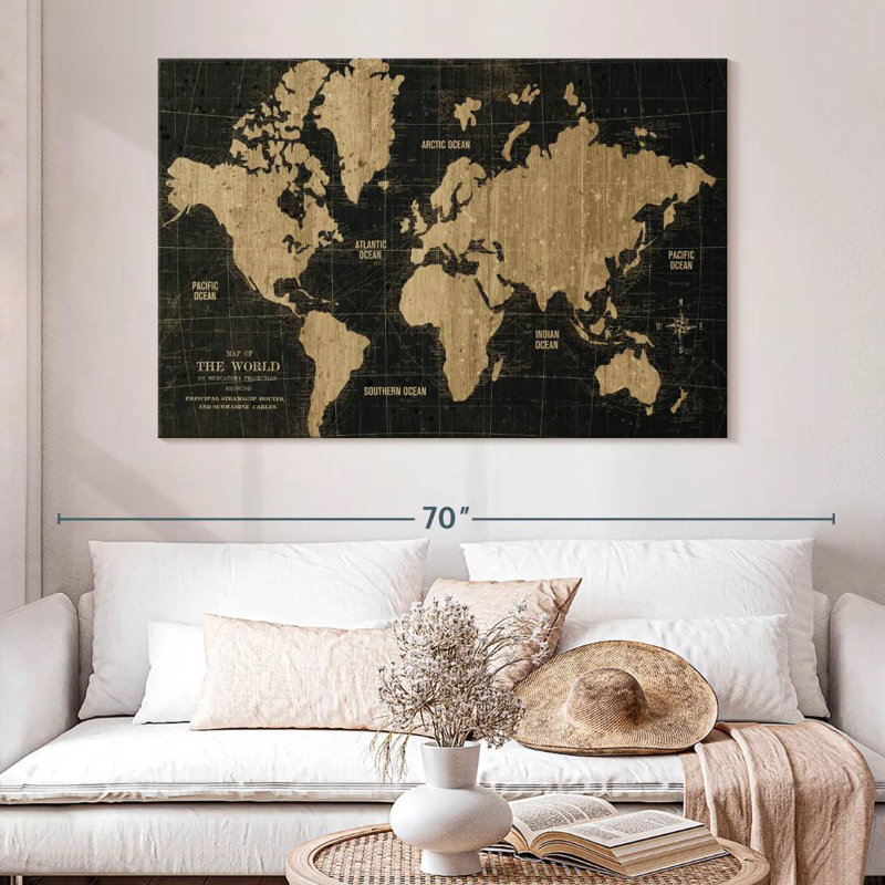Old world map black gold Aletra, H 34 po x l 51 po