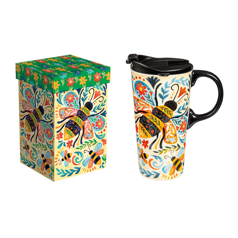 Tasse de voyage en céramique parfaite, 17 oz, avec boîte, abeille florale