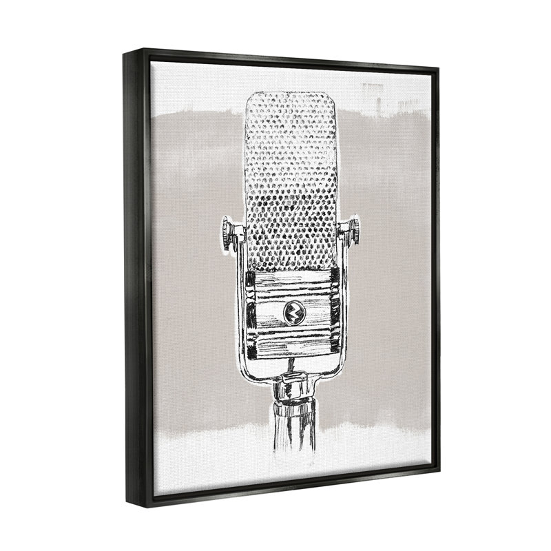 Dessin rétro de musique de microphone par June Erica Vess, H 21 po x l 17 po x P 1,7 po, Cadre flottant noir de jais