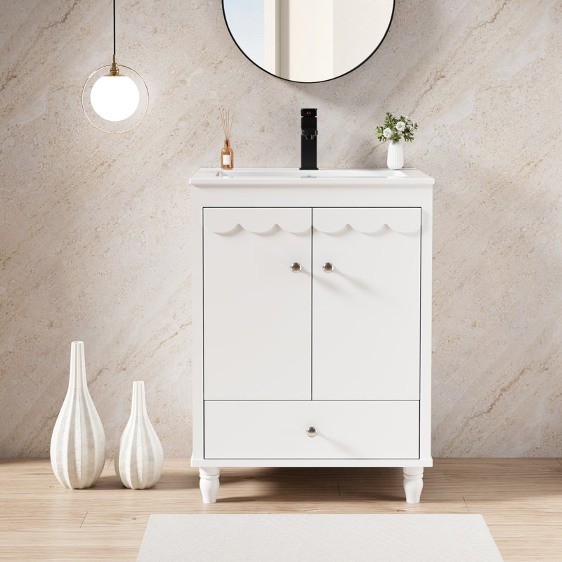 Meuble-lavabo simple 24 po avec comptoir en céramique Sharee, robinet et rebord ondulé Sharee, Blanc
