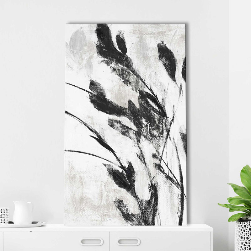 «Misty Grey Leaves I» par Lanie Loreth - Peinture, Toile tendue, H 48 po x l 28 po x P 1,5 po