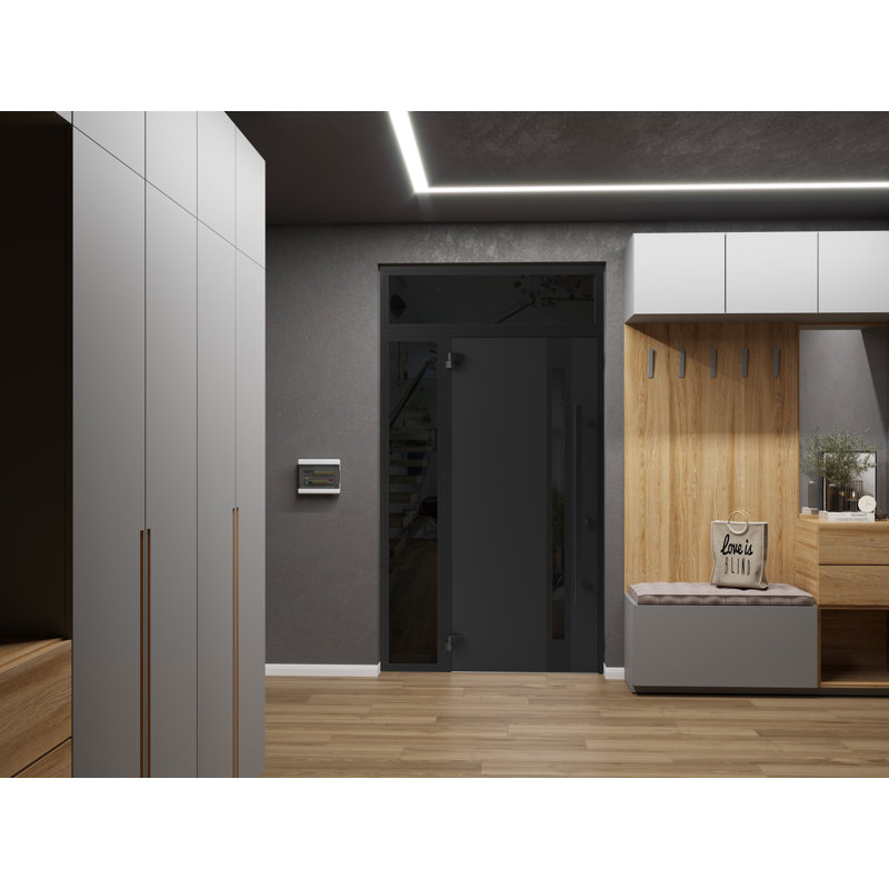Front Exterior Prehung Steel Door / Ronex 1033 Teak / Side and Top Exterior Window Sidelite / Entry Metal Modern Painted W36+12" x H80+16" Right hand Inswing