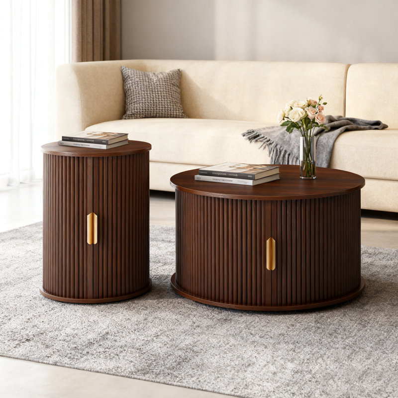 Ensemble de 2 tables basses rondes emboîtables, avec porte tambour ronde Mid-Century, Walnut