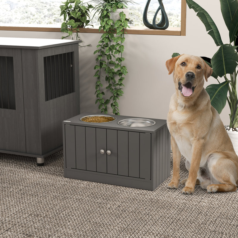 Gray Elevated Dog Feeder with Stainless Steel Bowls and Storage