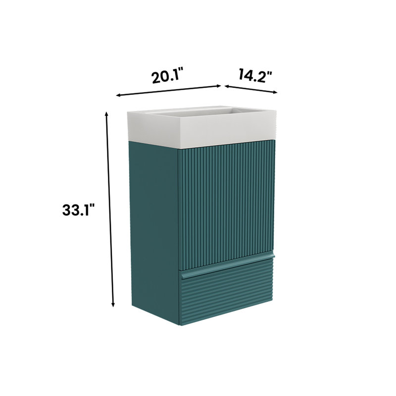 Armoire de salle de bain aigue-marine 20 po à rayures - Lavabo autoportant en céramique avec poignées de sécurité pour personnes âgées et moderne avec panneaux E1, fonction de rangement supérieure