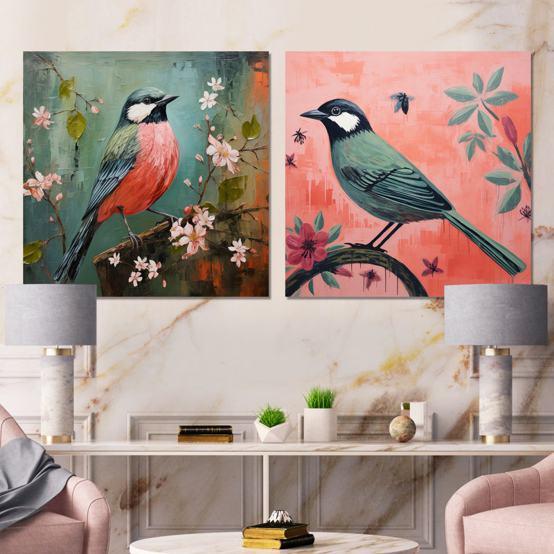 «Green and Pink Bird Floral Tree Harmony I», ensemble de 2 reproductions d'art mural, Toile tendue