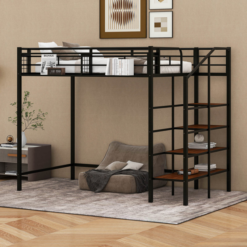 Twin Size Loft Bed With Storage Stairs And Upper Grid Storage Shelf, Metal Twin Loft Bed Frame, Black
