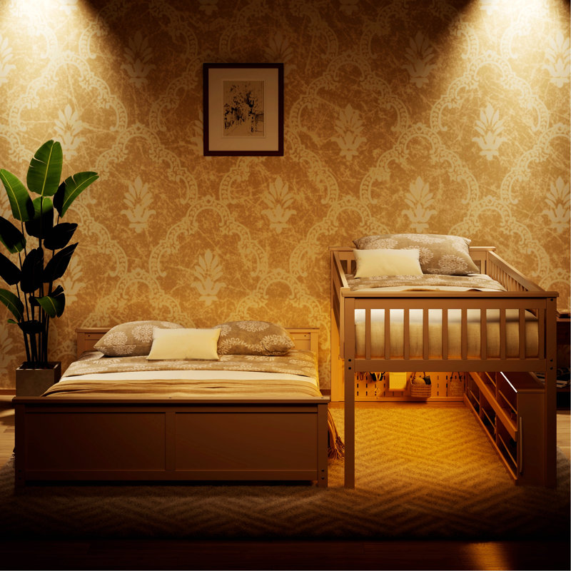 Cadre de lit contemporain pour la maison, lit superposé avec tablettes intégrées, lumières à changement de couleur et panneau perforé