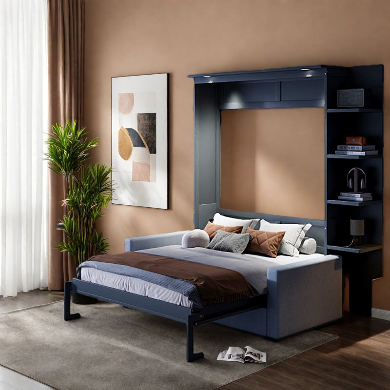 Lit escamotable gris avec canapé, peu encombrant, de conception moderne, pour une utilisation multifonctionnelle