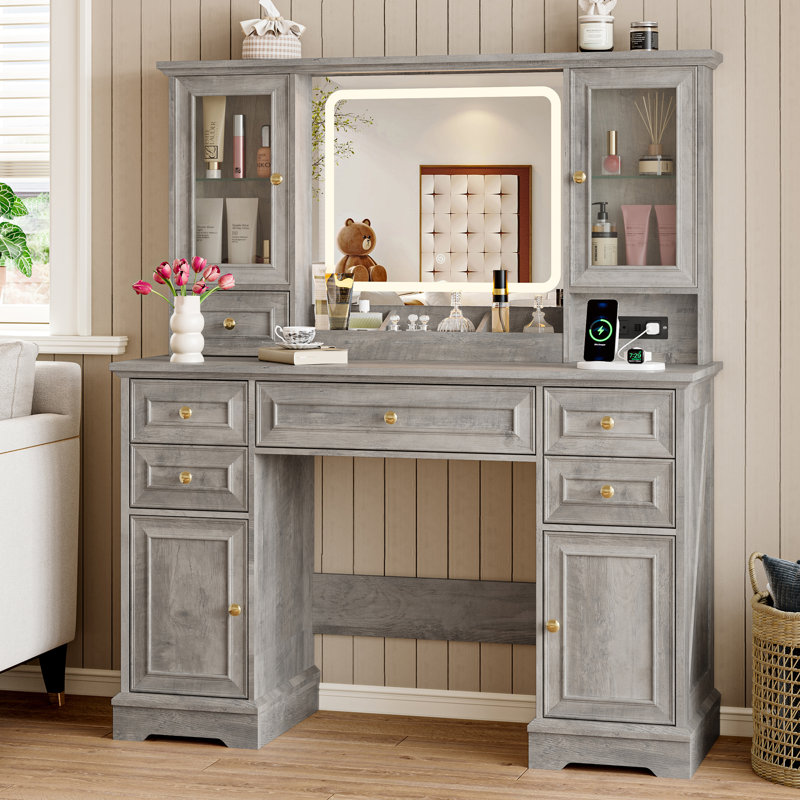 Modern Vanity Desk With HD Lighted Mirror & Power Outlet, Vanity Table With Storage Cabinet & 7 Drawers, with Brightness Lighting