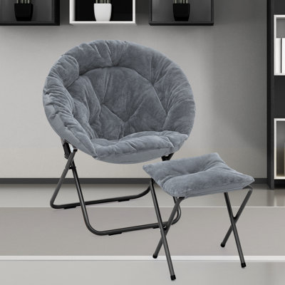 Round Faux Fur Saucer Chair With Ottoman Folding Lounge Chair And Footrest Set With Metal Frame Perfect For Living Room Or Bedroom