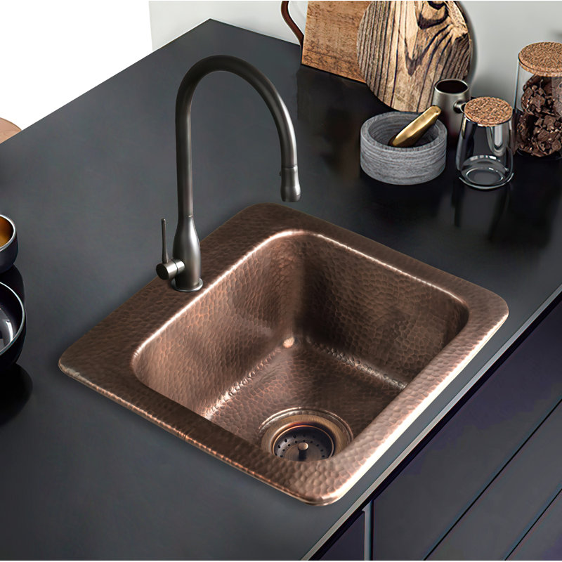 Hand Hammered Baxter Drop-In Single Bowl Bar Prep Sink 15", Copper