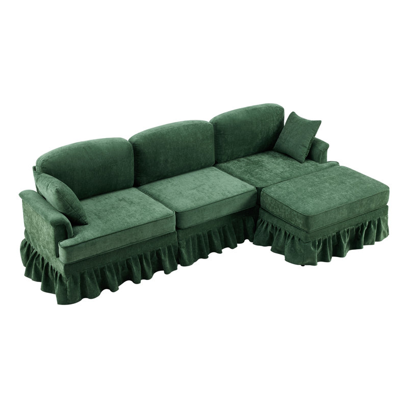 Canapé modulaire de 103 pouces, canapé en tissu en forme de L 4 places avec jupe plissée amovible, Vert