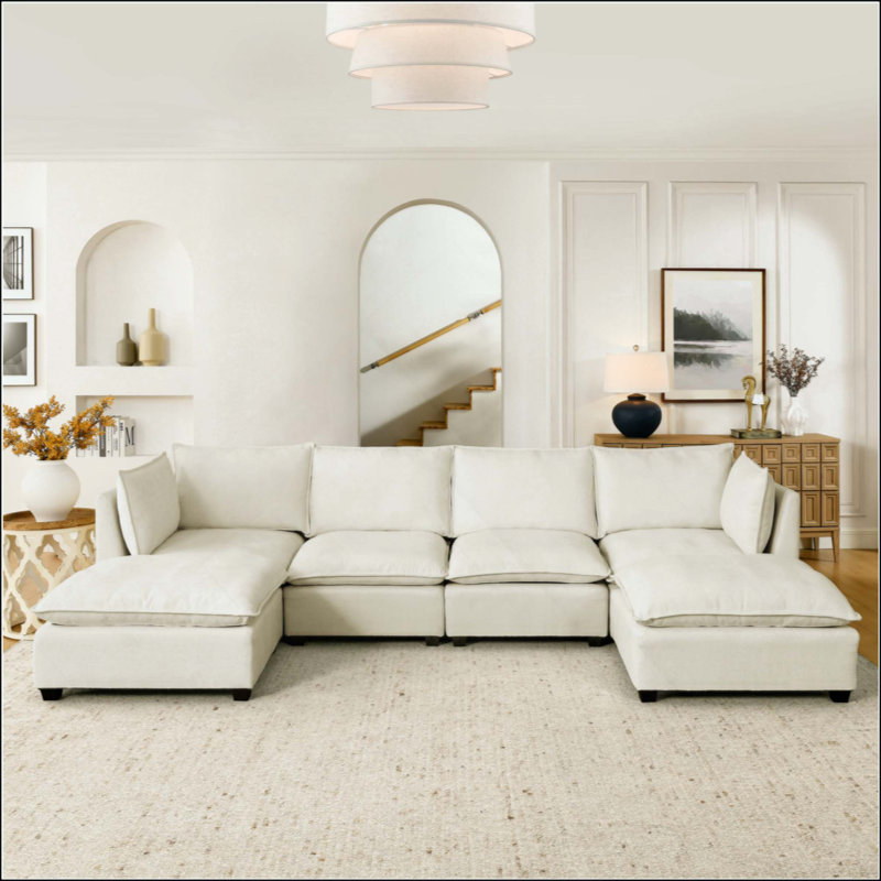 Canapé modulaire Cloud Couch, canapé 4 places en chenille avec assise profonde, 2 repose-pieds et coussins décoratifs pour le salon